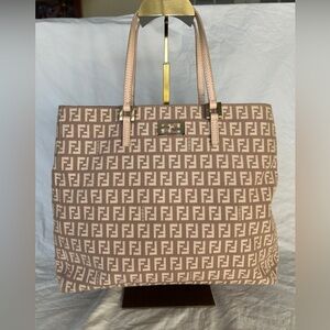 Fendi Zucchino Pink-Beige Medium Canvas Shopper Tote with Gold Hardware EUC